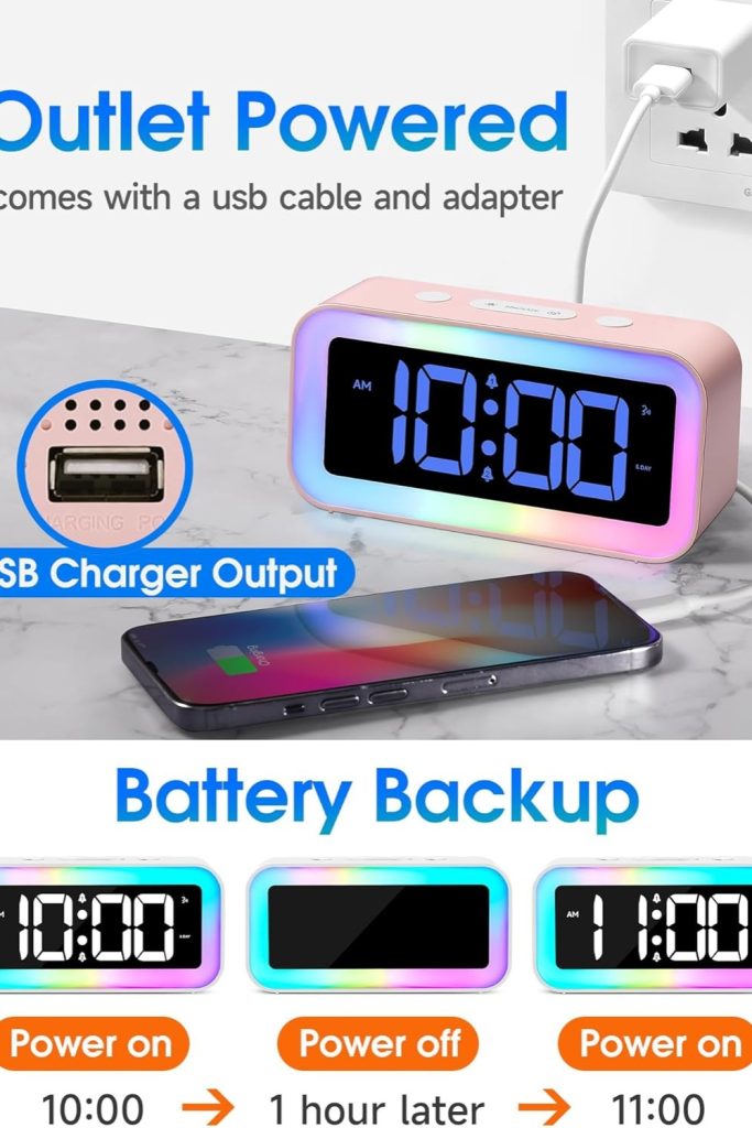 Cadmos cute pink loud alarm clock with RGB night light on a girls’ bedside table