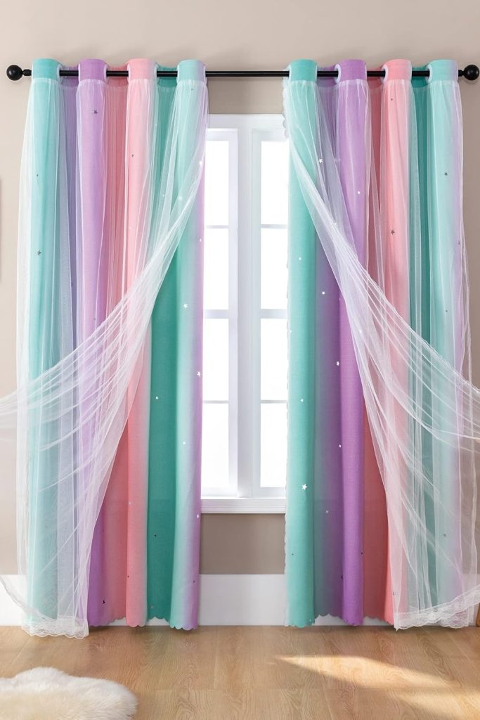 XiDi Rainbow Blackout Curtain Panel – 63 Inches Long x 34 Inches Wide – Purple, Pink & Green Unicorn Design for Girls Bedroom