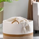 "KAKAMAY large woven cotton rope blanket basket white and brown 20x13"