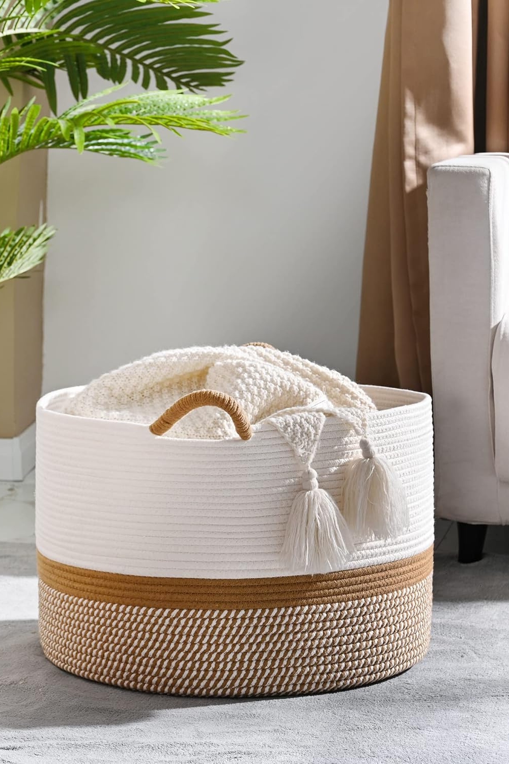 "KAKAMAY large woven cotton rope blanket basket white and brown 20x13"