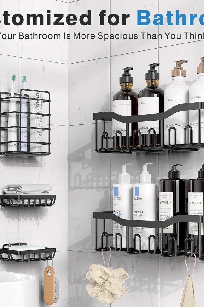 “5 pack adhesive shower caddy rustproof stainless steel bathroom organizer shelves, large capacity XL design, wall-mounted no drilling storage solution.”