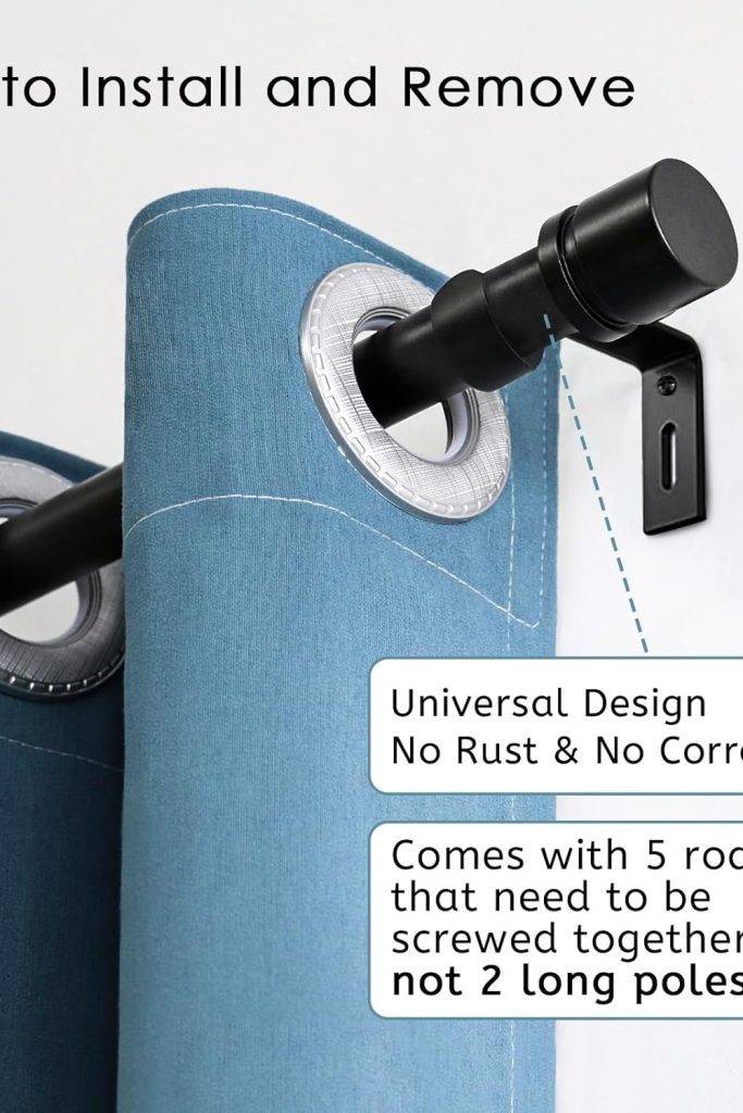 Black adjustable window curtain rod with aluminium finials, 16–88 inch length, 1-inch diameter, perfect for modern home décor