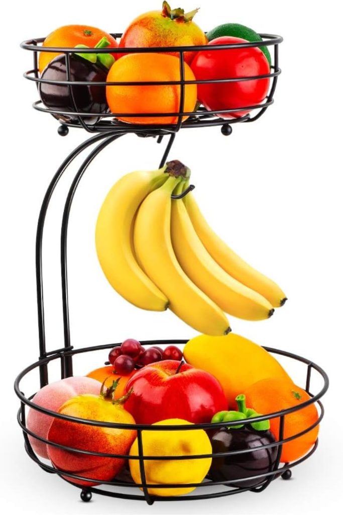 Auledio fruit basket 2-tier countertop basket fruit and vegetable storage basket banana hanger fruit basket black iron kitchen basket