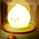 “Cute Chibi Flame Lamp glowing on a desk as anime-inspired cozy light”
