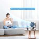 Dreo Smart Fan in bedroom setting, showing 120° vertical and 90° oscillation, with remote control on bedside table