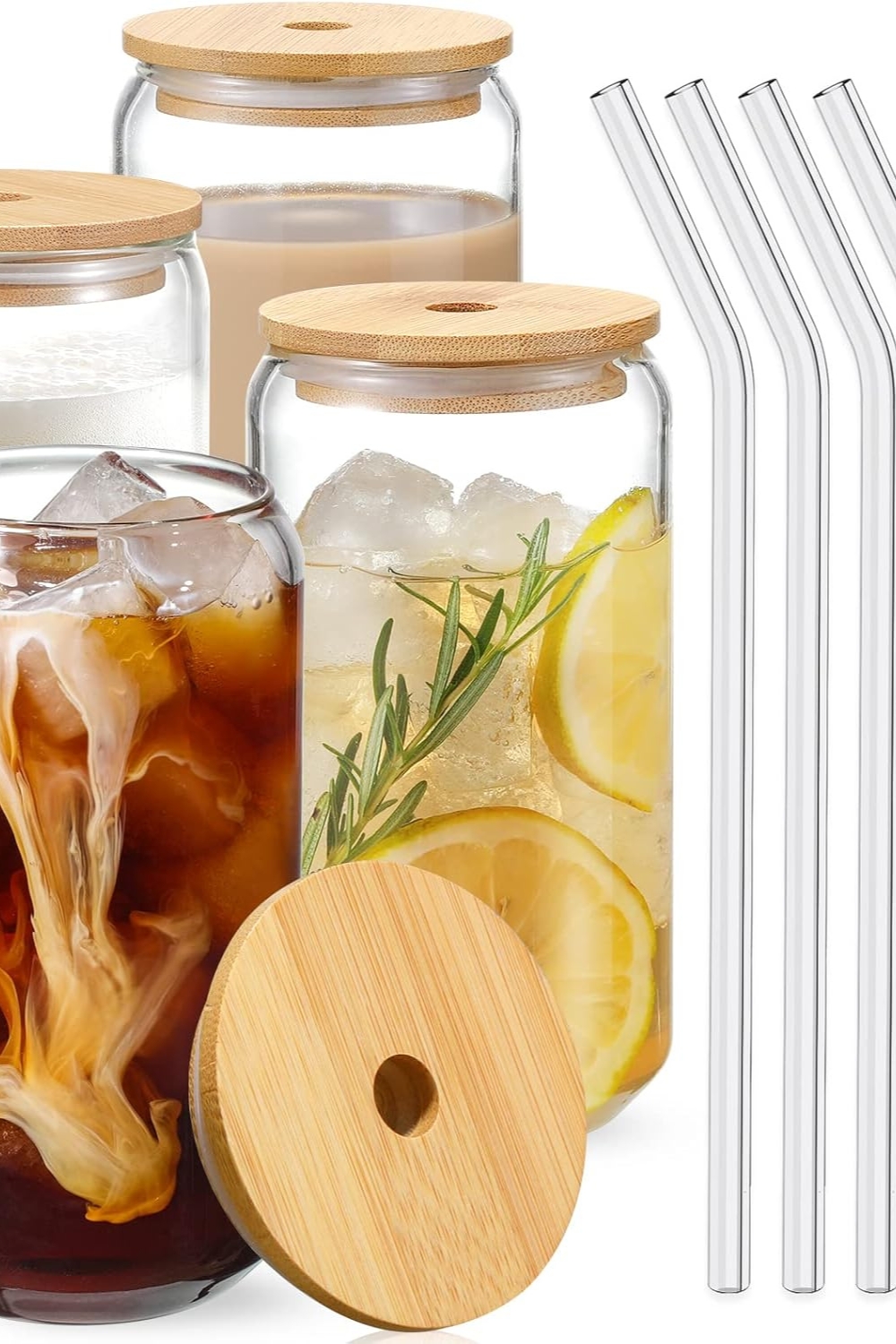 16oz drinking glasses with bamboo lids and reusable glass straws – 4pcs iced coffee, tea, smoothie, and beer cup set with cleaning brushes