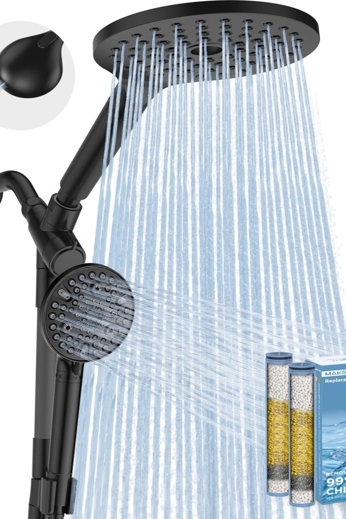 Dual filtered rain shower head combo with high pressure handheld and adjustable bar for chlorine and hard water removal