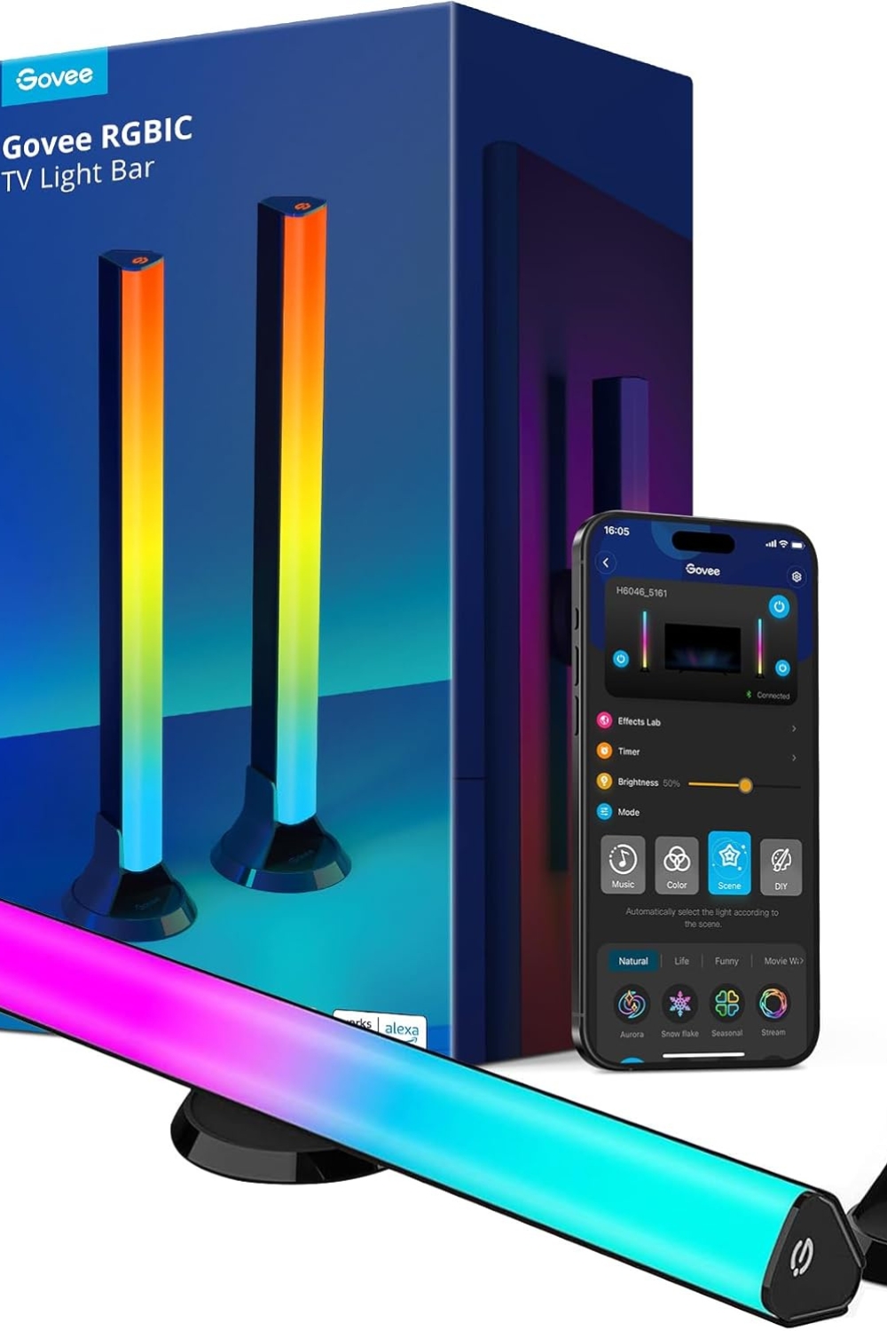 Govee RGBIC Light Bars behind a 55-inch TV creating ambient glow