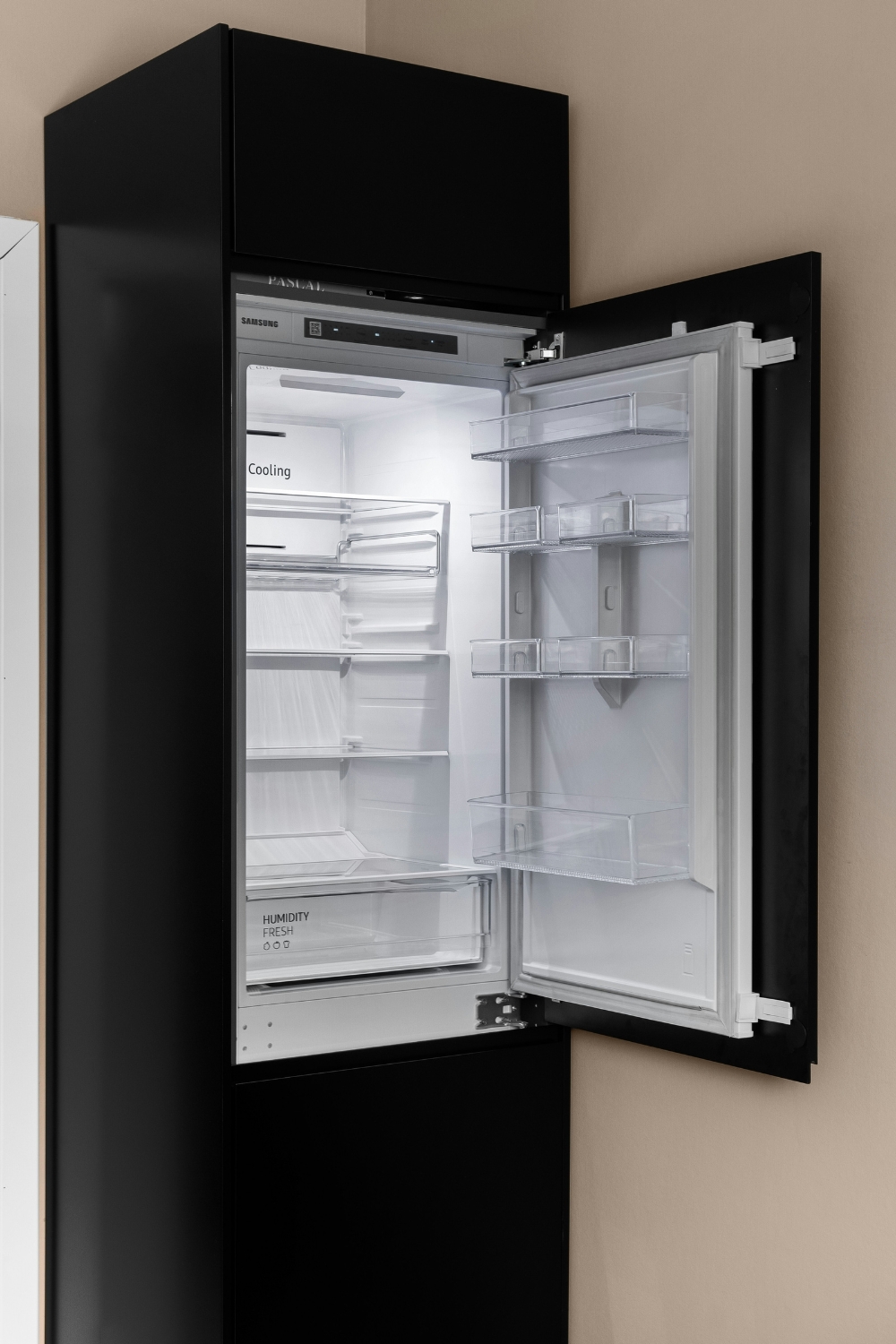 Smart refrigerator with touchscreen in a modern kitchen