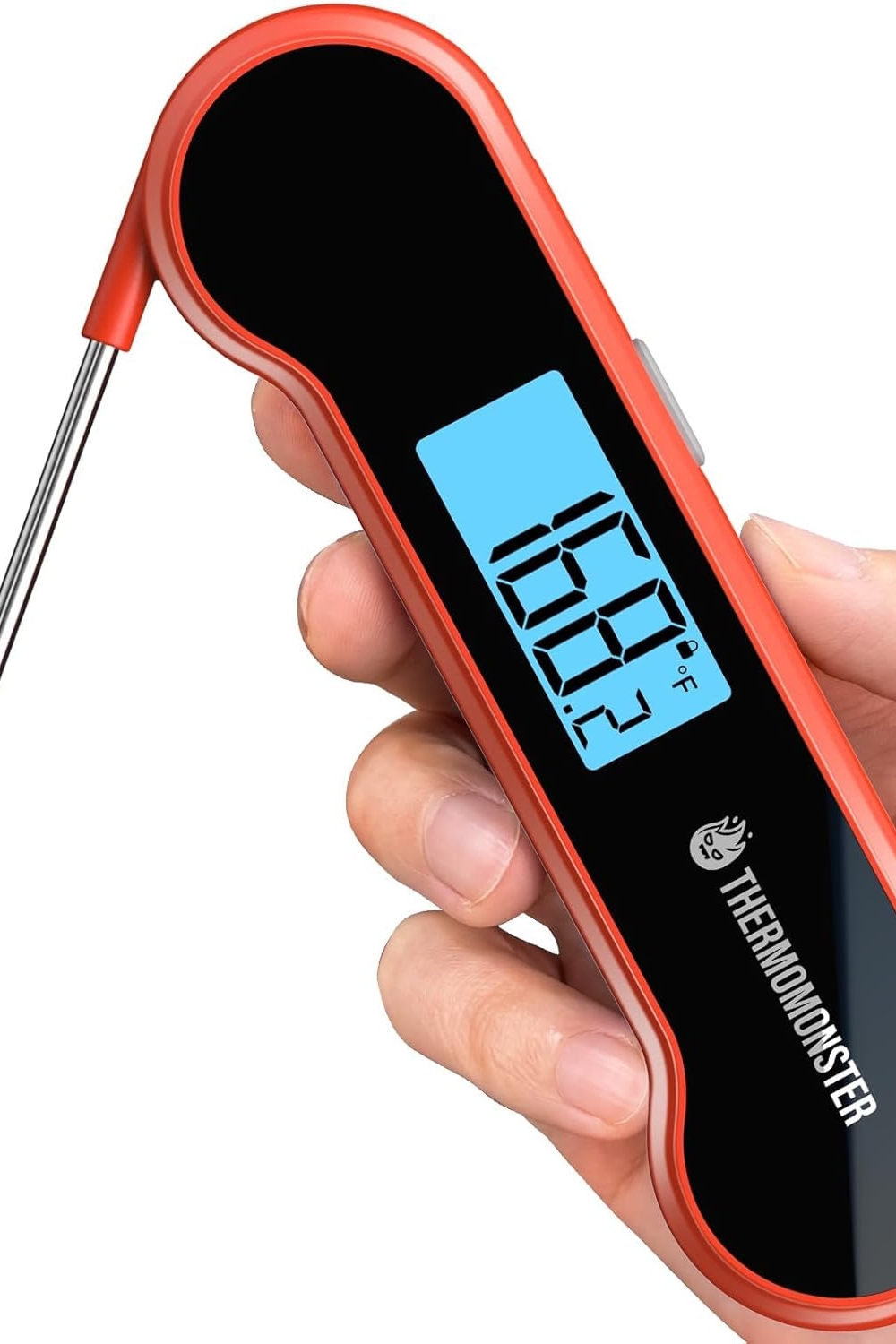 Red instant read digital meat thermometer with waterproof design, auto-flip LCD, and ±0.5℉ accuracy for cooking and grilling