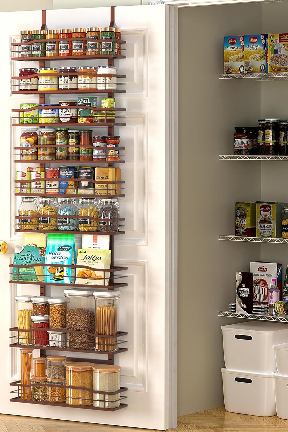 Moforoco Bronze 9-Tier Over The Door Pantry Organizer fully stocked with spices and jars