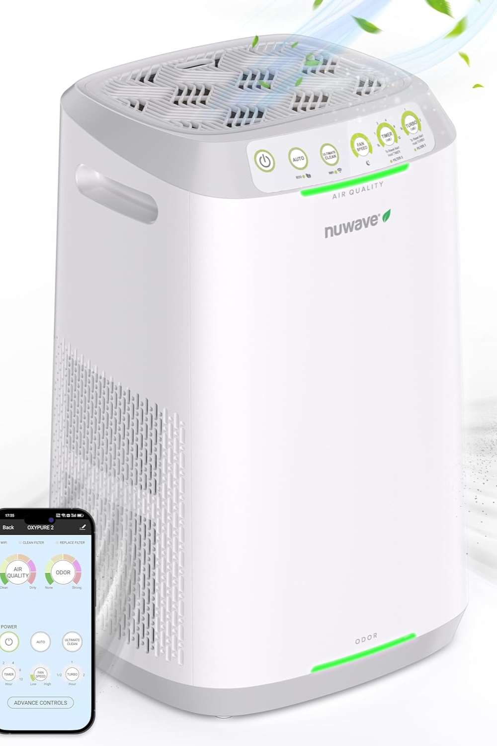 Nuwave Air Purifier for home with washable Bio Guard filter, designed for large rooms, removes smoke, dust, pollen, and tiny particles smaller than HEPA.