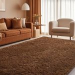 Ophanie brown rug 4x6 styled under a coffee table in a modern living room