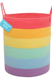 "OrganiHaus tall rainbow rope blanket basket for living room decor"