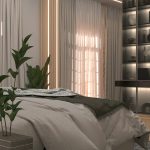 “Modern bedroom with eco-friendly furniture and layered bedding”