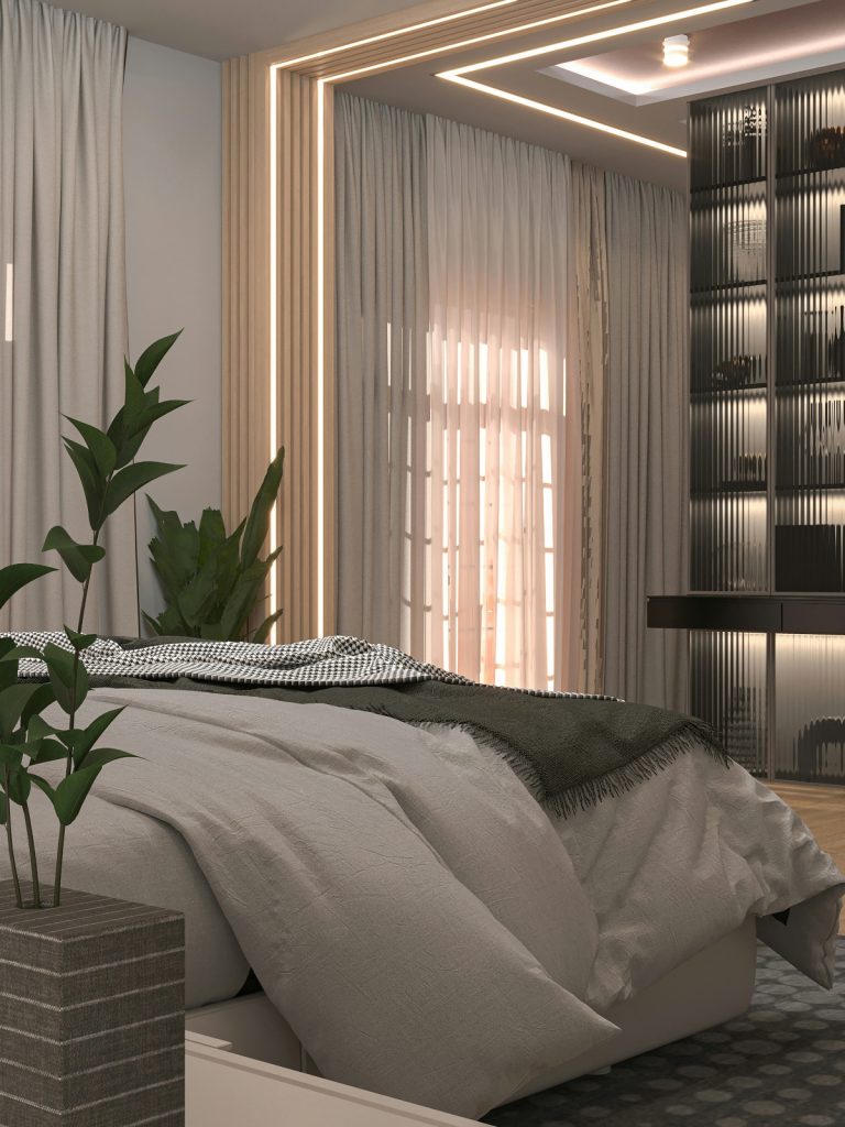 “Modern bedroom with eco-friendly furniture and layered bedding”