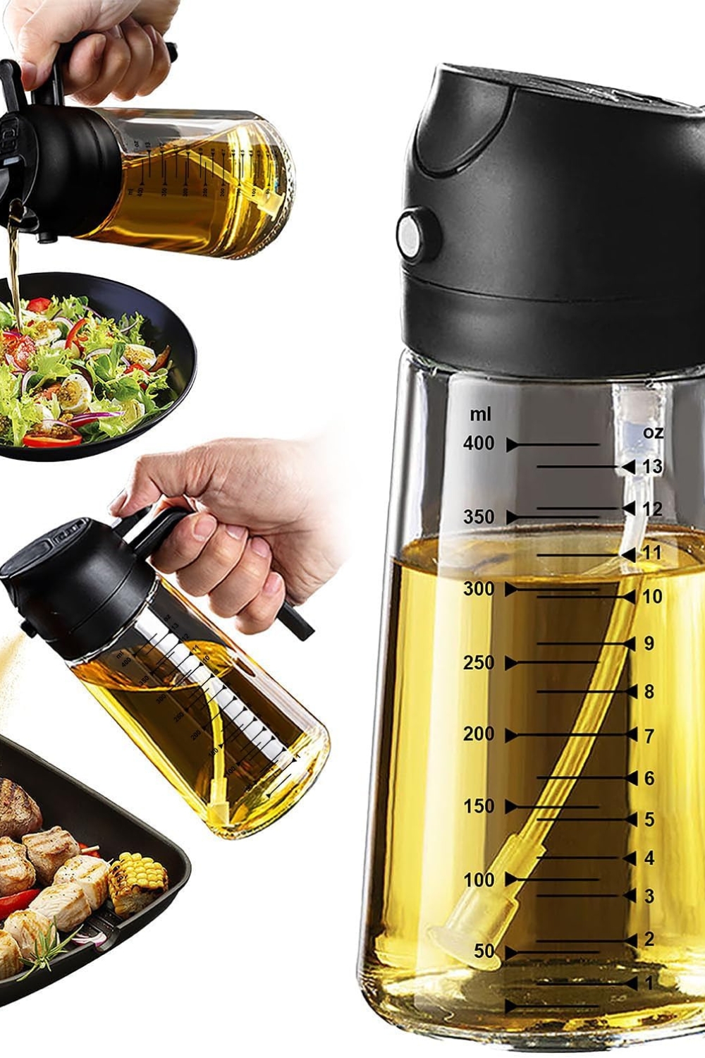 TrendPlain 16oz glass olive oil sprayer in black for kitchen cooking and air fryer use