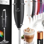 Zulay Kitchen handheld milk frother wand in black with 2 Duracell batteries