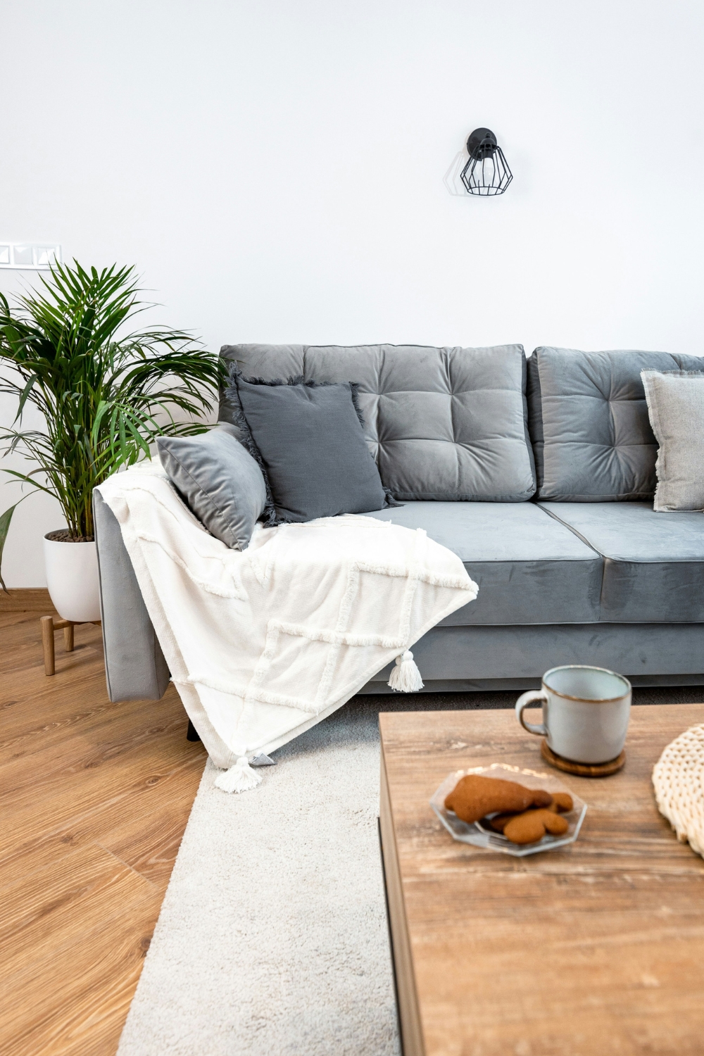 โModern living room featuring gray sectional sofa and cozy lightingโ