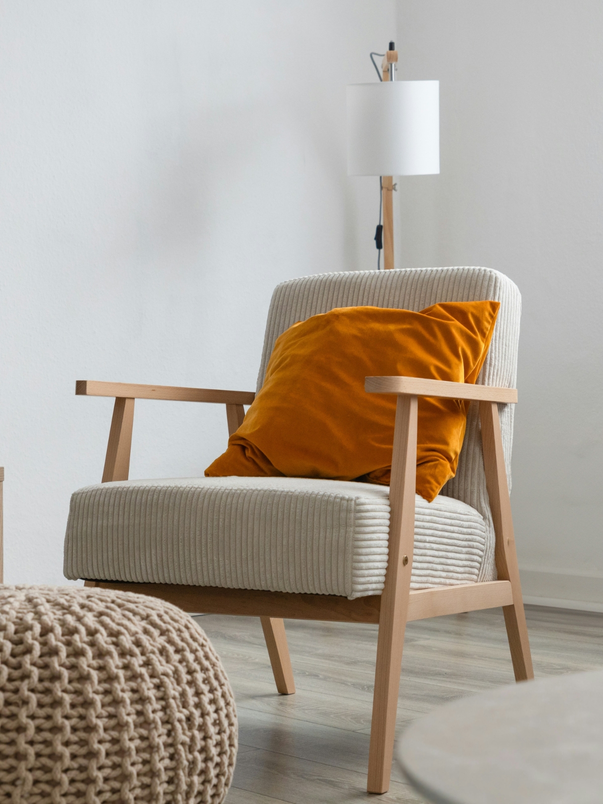 “Neutral and accent color palette showing how to find a common thread in mixed furniture styles.”