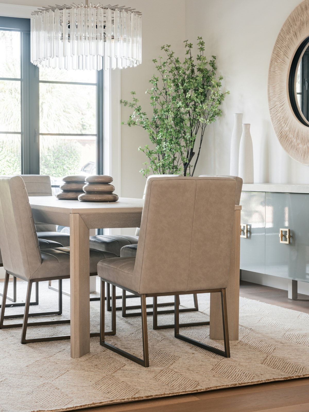 Modern living room mixing mid-century furniture with rustic wooden accents.