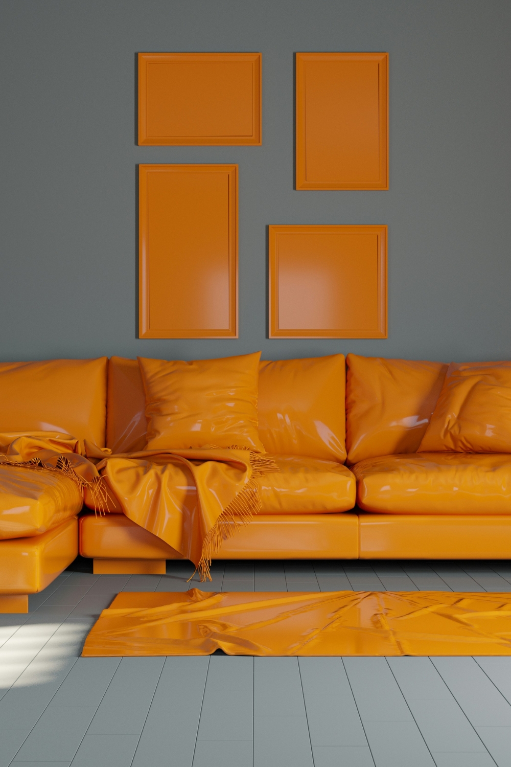 “Gray sofa bed fully extended in small apartment living room”