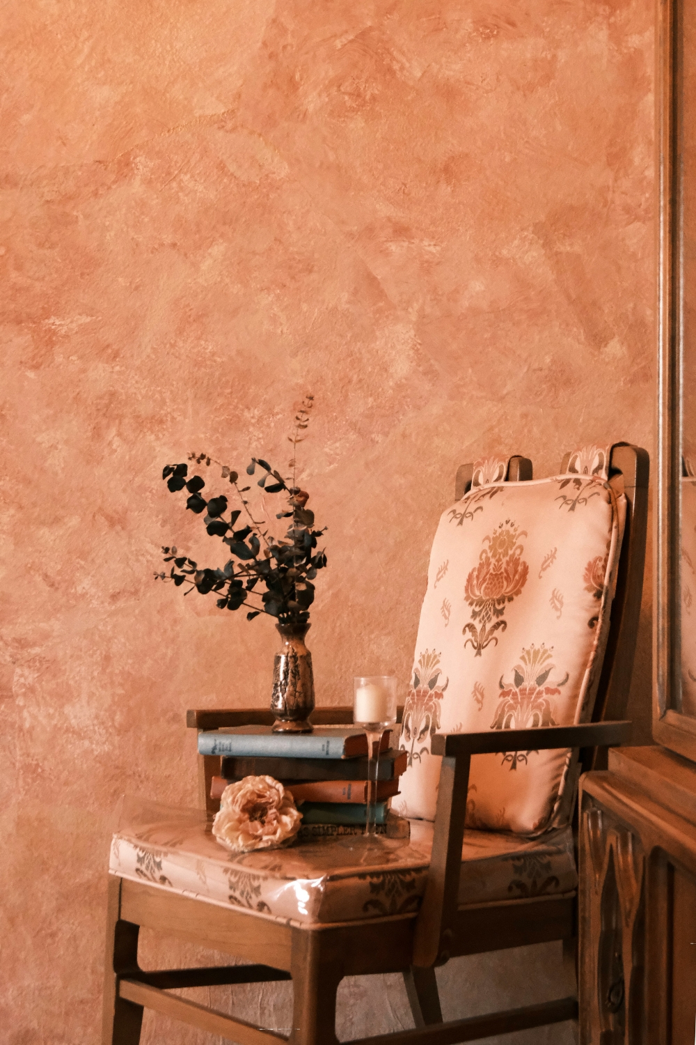 Living room with textured wallpaper adding subtle elegance