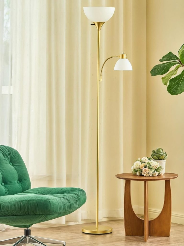 VONLUCE 71-inch torchiere floor lamp with gold finish, featuring adjustable reading lights and 3 color temperatures, perfect for living room or bedroom corner.