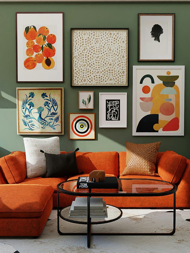 Living room with mixed colors, textures, and patterns styled for a balanced design.