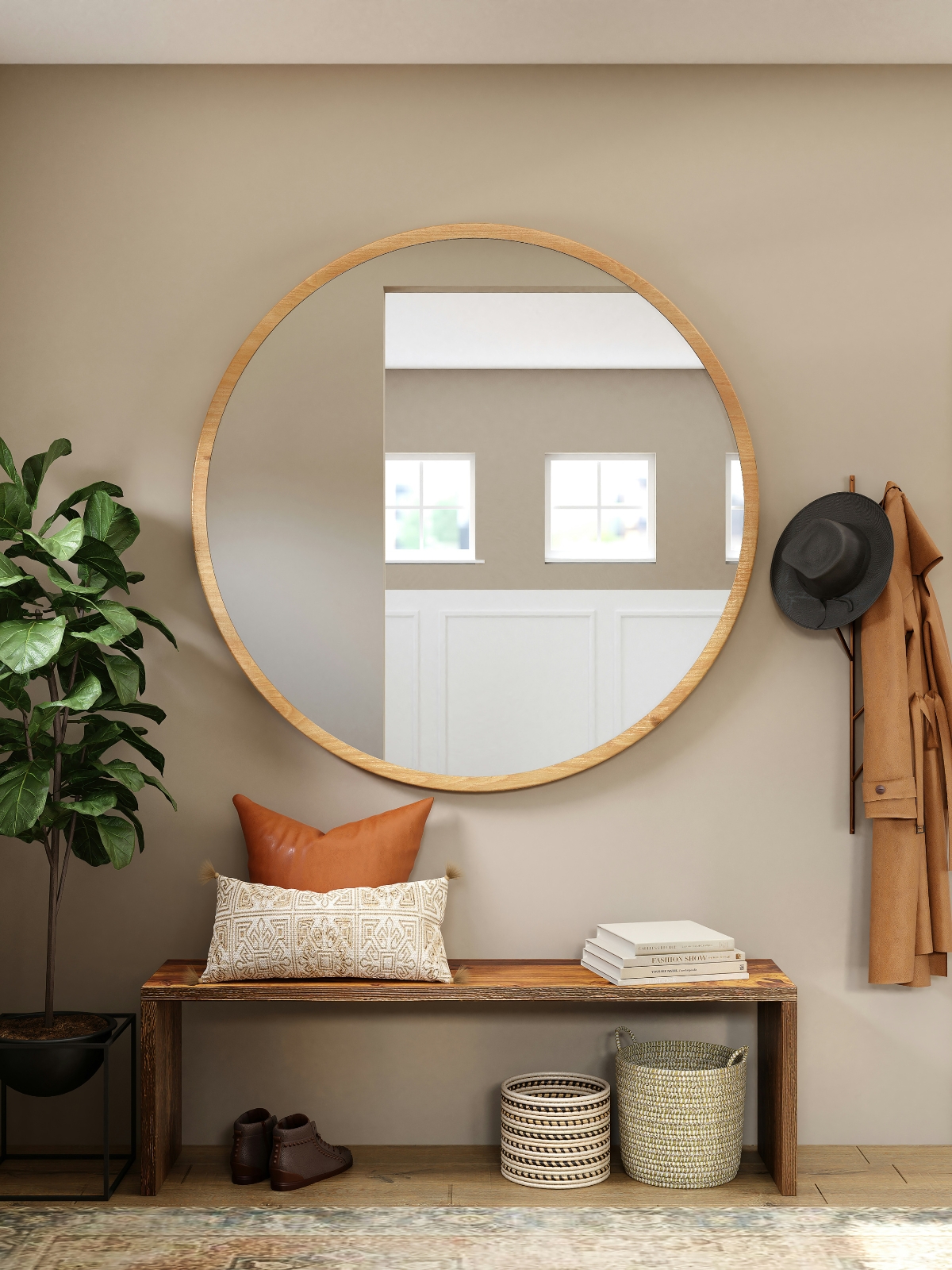Large wall mirror reflecting natural light in a living room