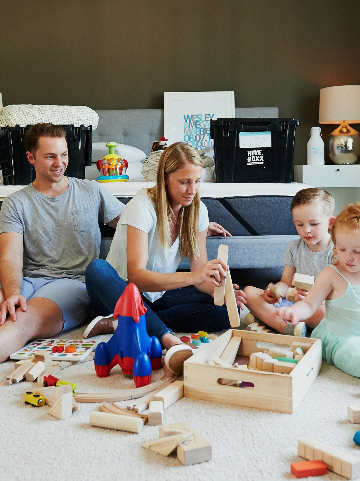 Living room childproofed with corner guards and soft lighting