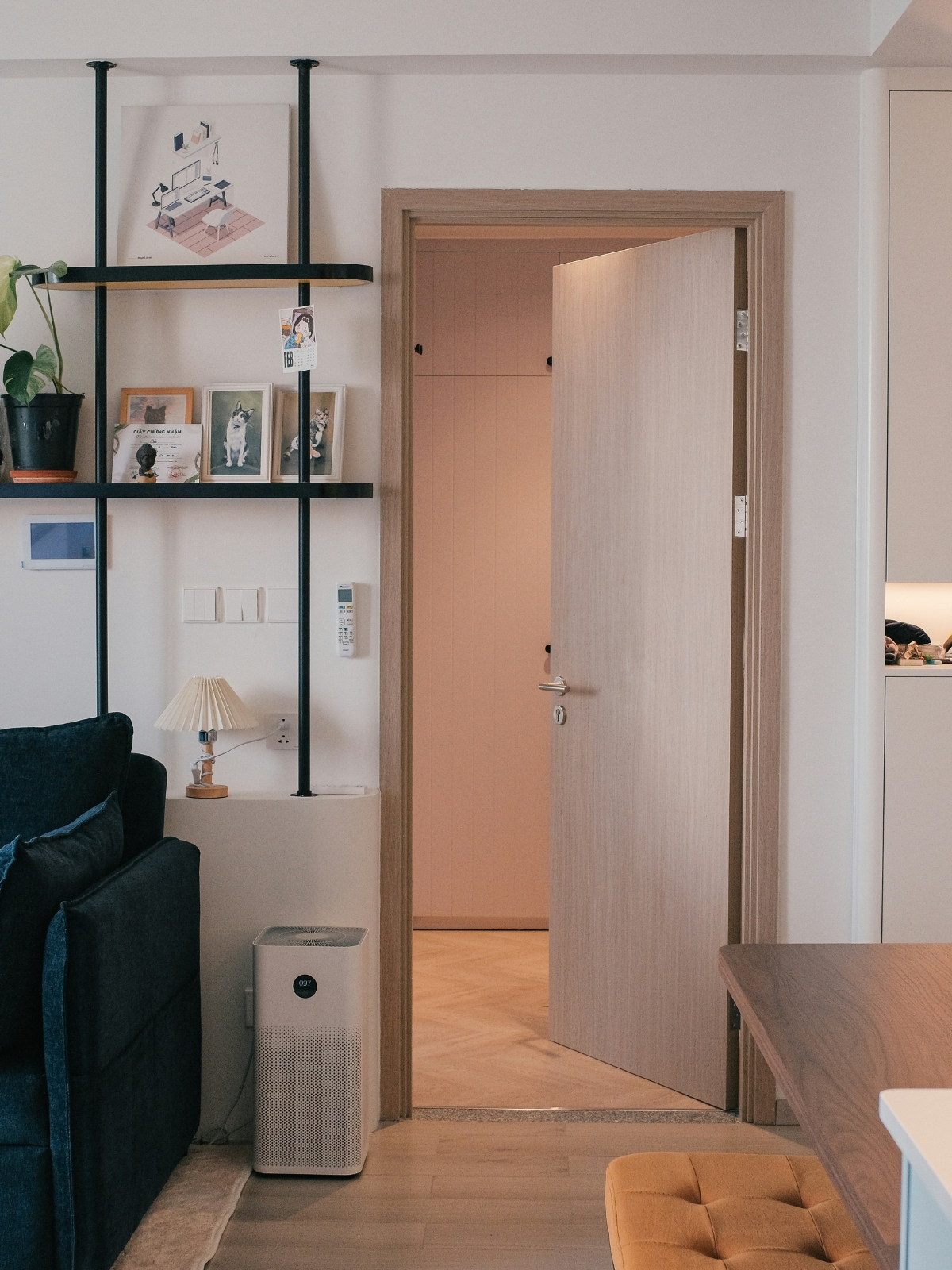 Compact storage solutions in a modern studio apartment