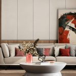 Vintage furniture styled within a contemporary living room, featuring modern lighting, clean lines, and balanced interior design