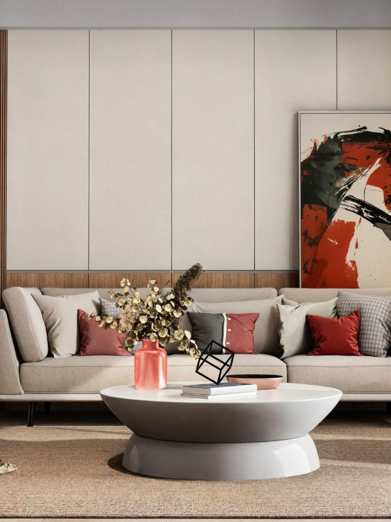 Vintage furniture styled within a contemporary living room, featuring modern lighting, clean lines, and balanced interior design