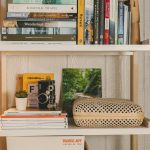 Modern open shelves neatly styled with books, ceramics, and neutral décor