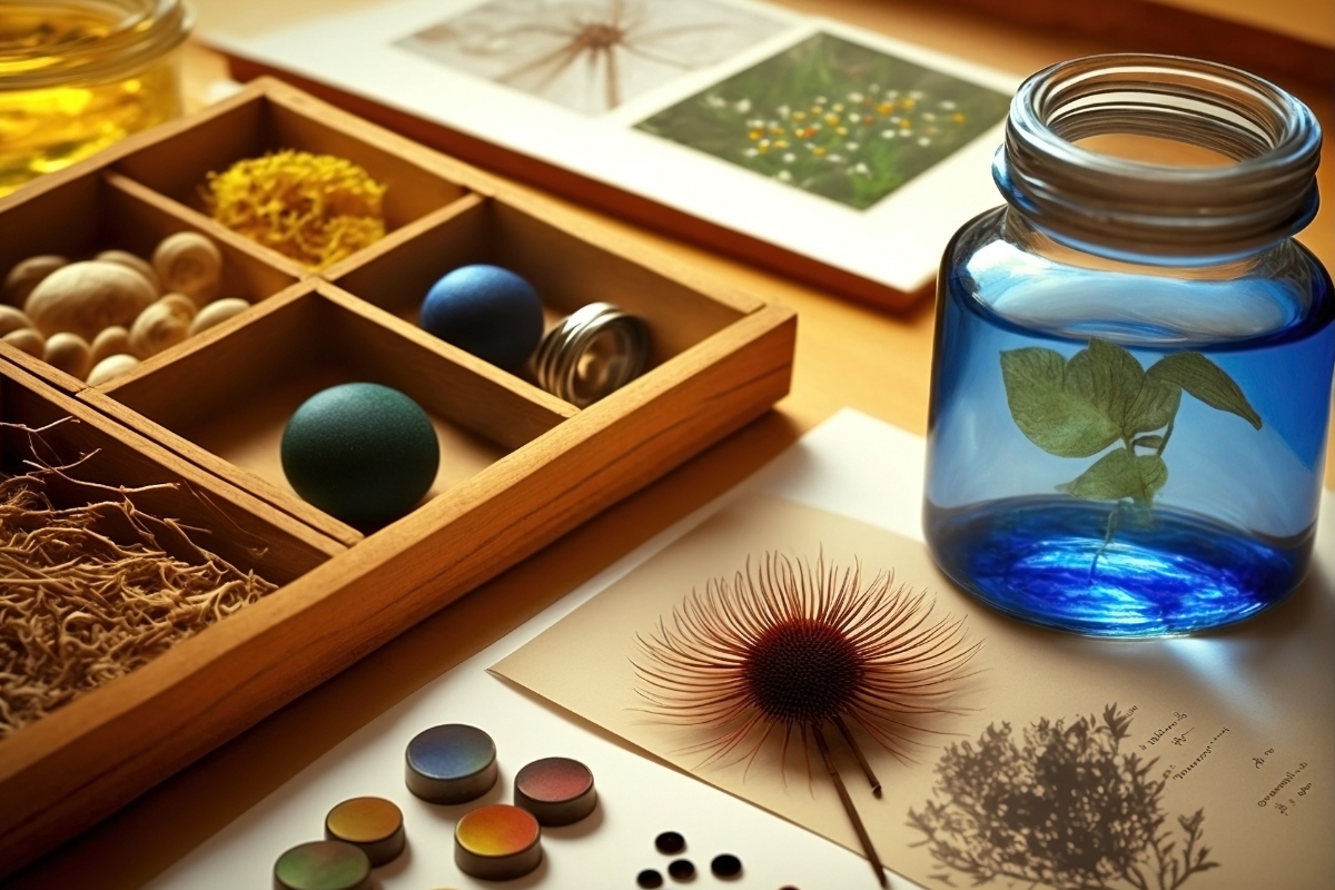 Spring living room decorated with natural materials including rattan, wood, and woven textures