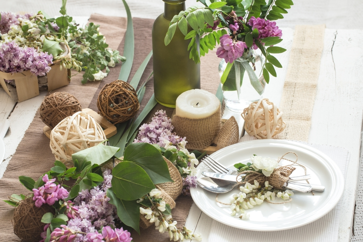 Autumn living room with natural elements like wood, pumpkins, and branches