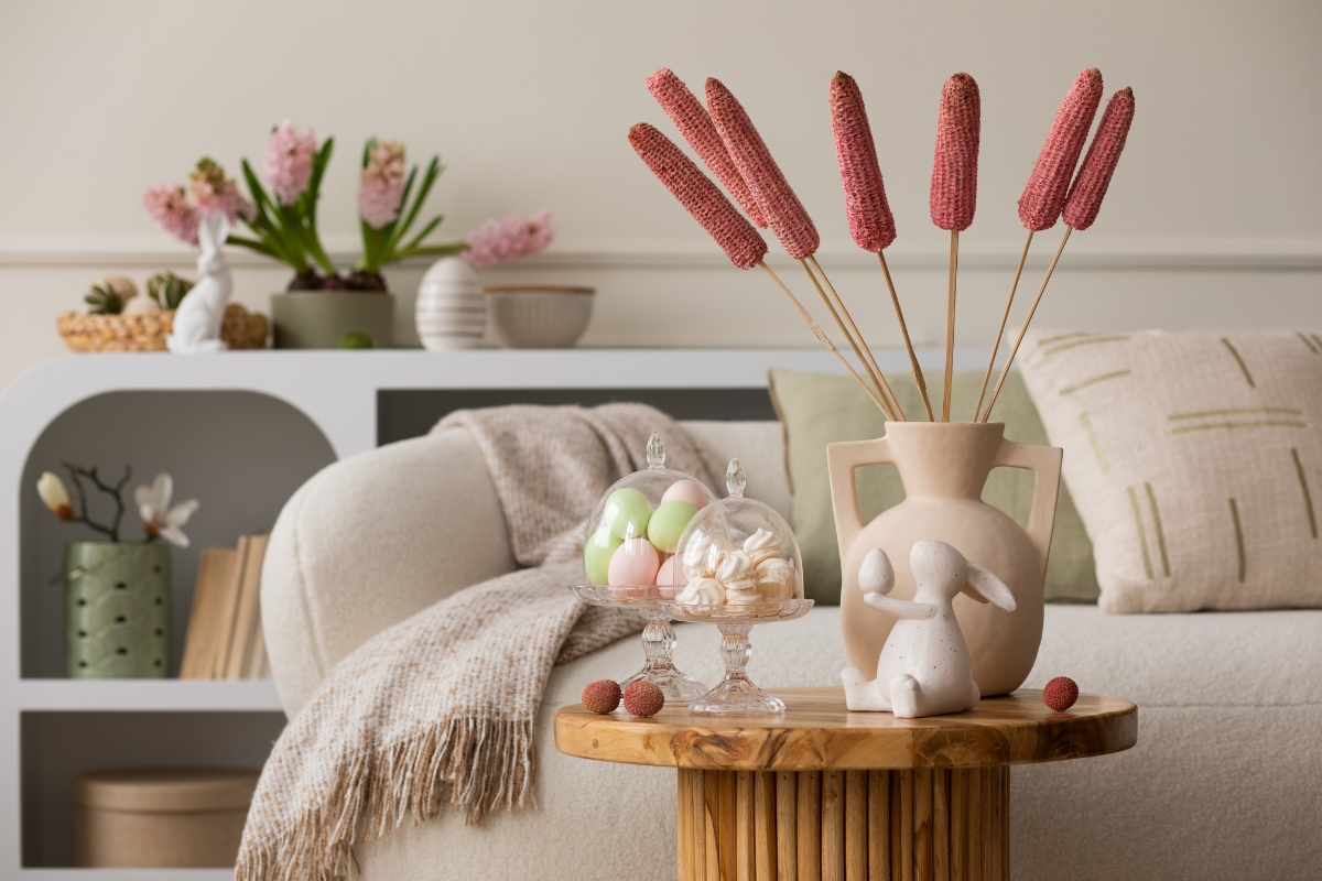 Living room decorated with pastel sorbet cushions and soft neutral throws for spring 2026
