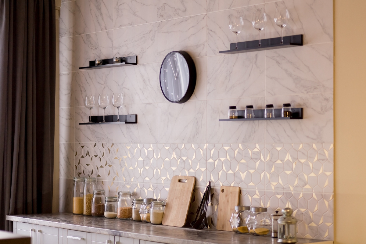 Modern kitchen with textured tile backsplash and open shelving