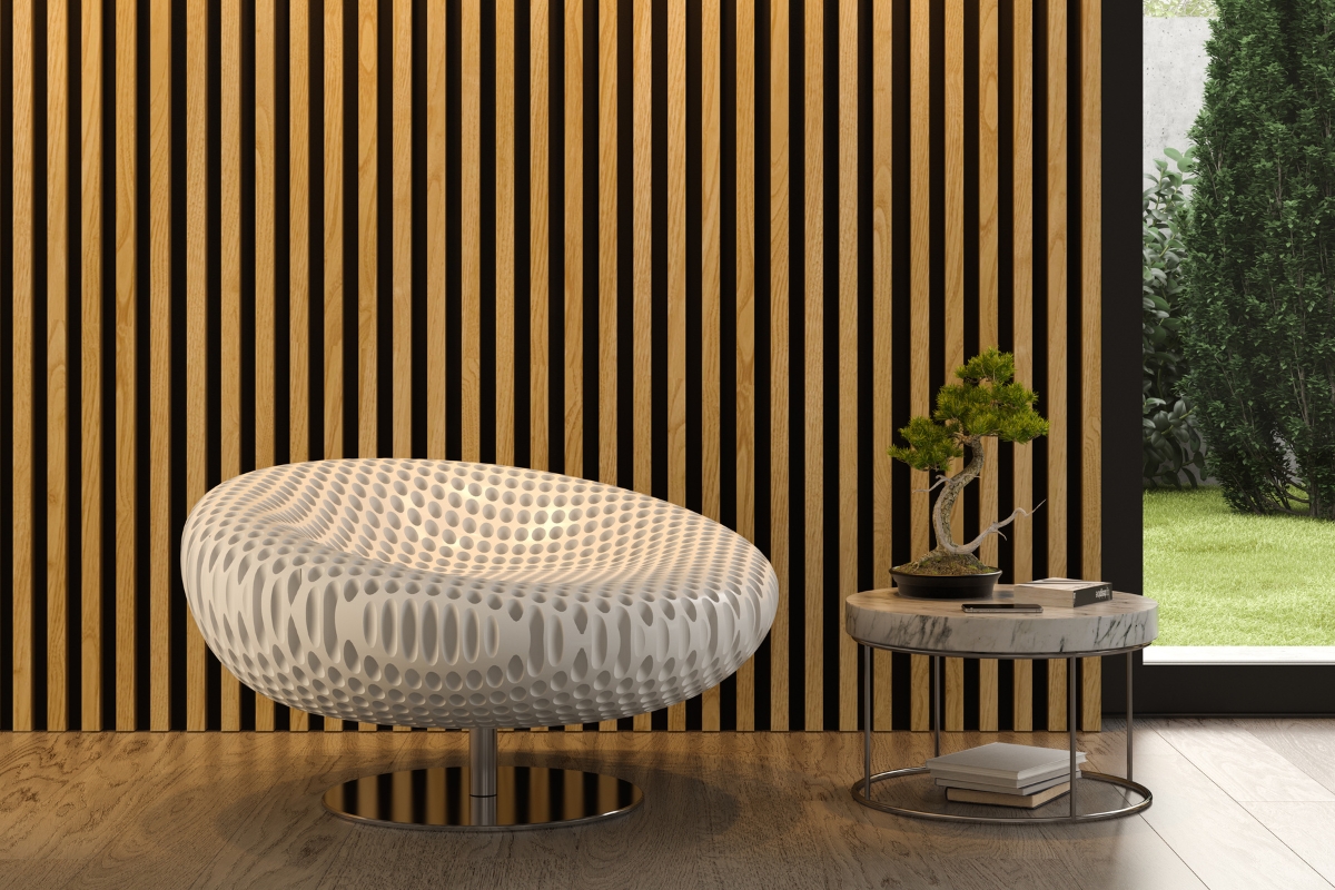 Vertical wood slat accent wall in modern living room interior 2026