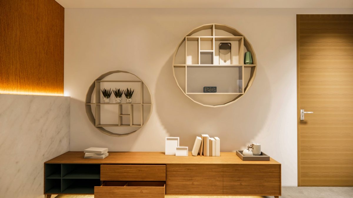 Floating shelves styled with decor and storage in a modern living room