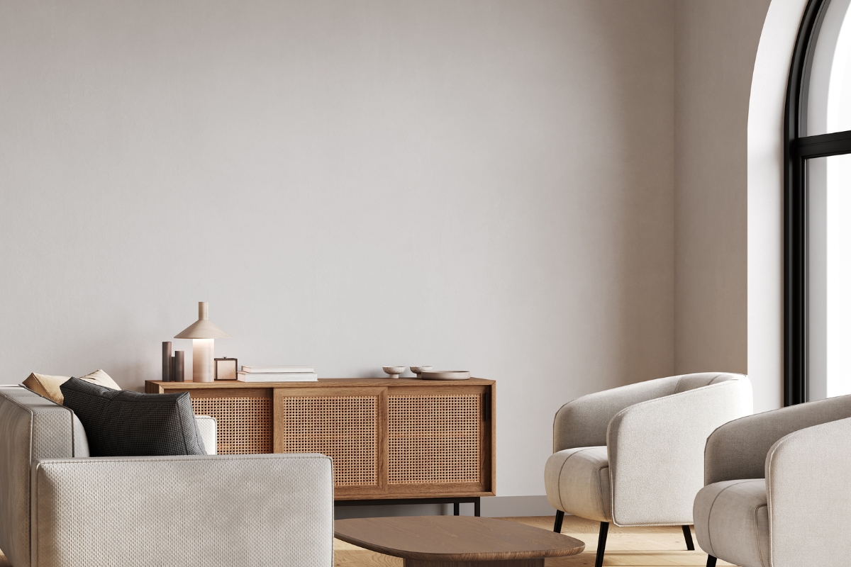 Bold statement sofa paired with neutral walls and flooring