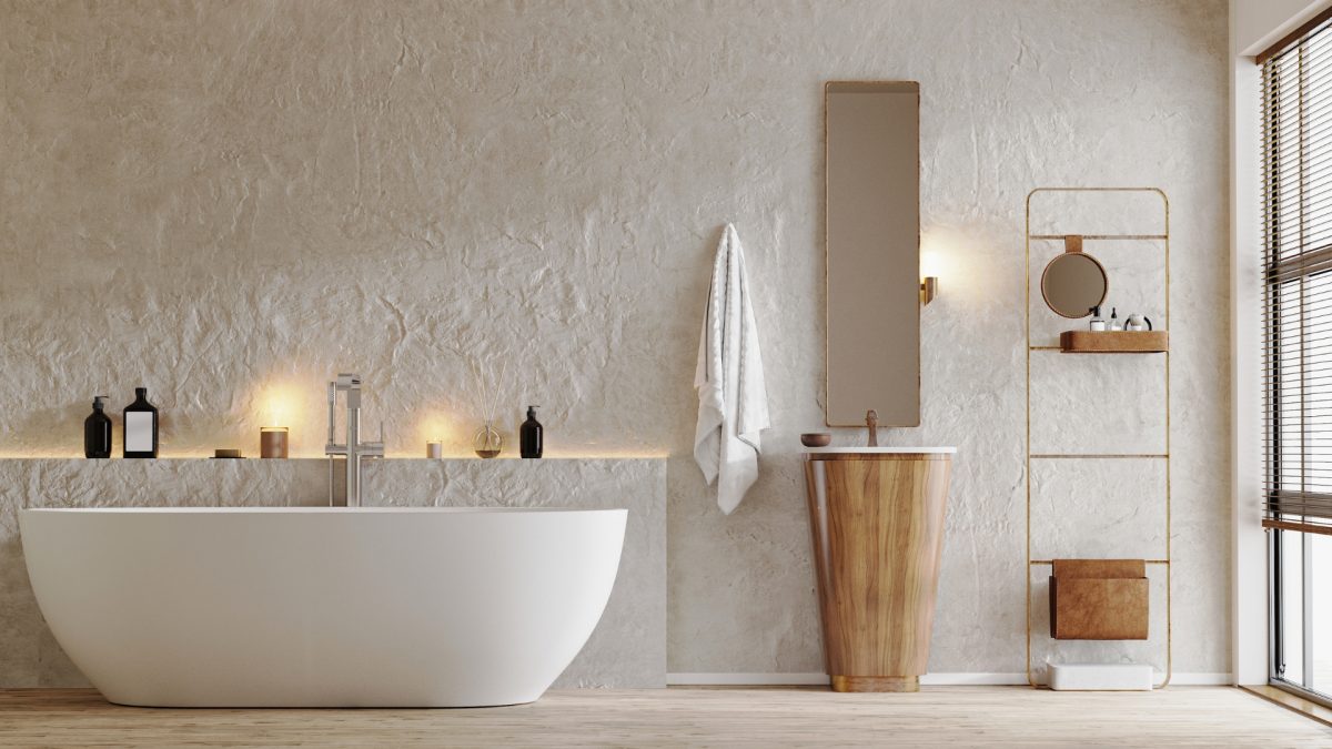 Modern minimalist bathroom design with neutral colors and natural wood elements — 2026 decor trend