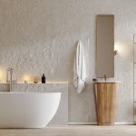 Modern minimalist bathroom design with neutral colors and natural wood elements — 2026 decor trend