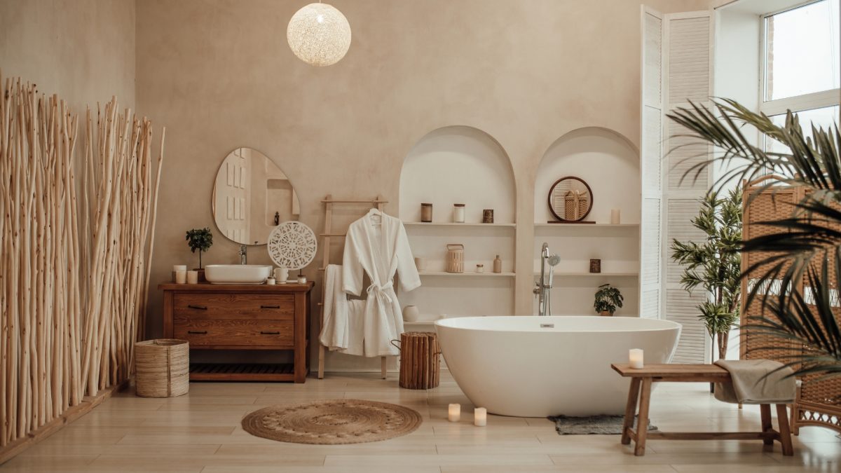 Spa-inspired bathroom design with neutral tones and natural materials