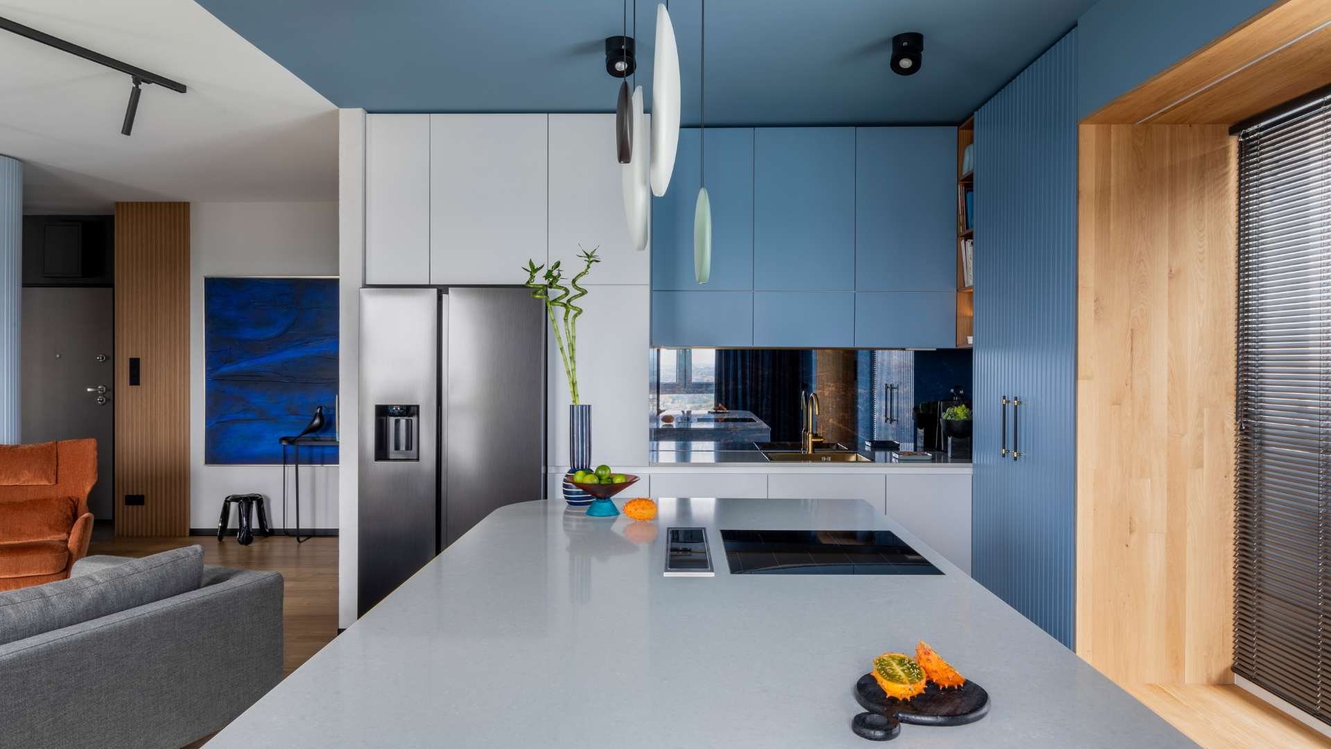 Living room with bold painted ceiling in modern trending color 2026