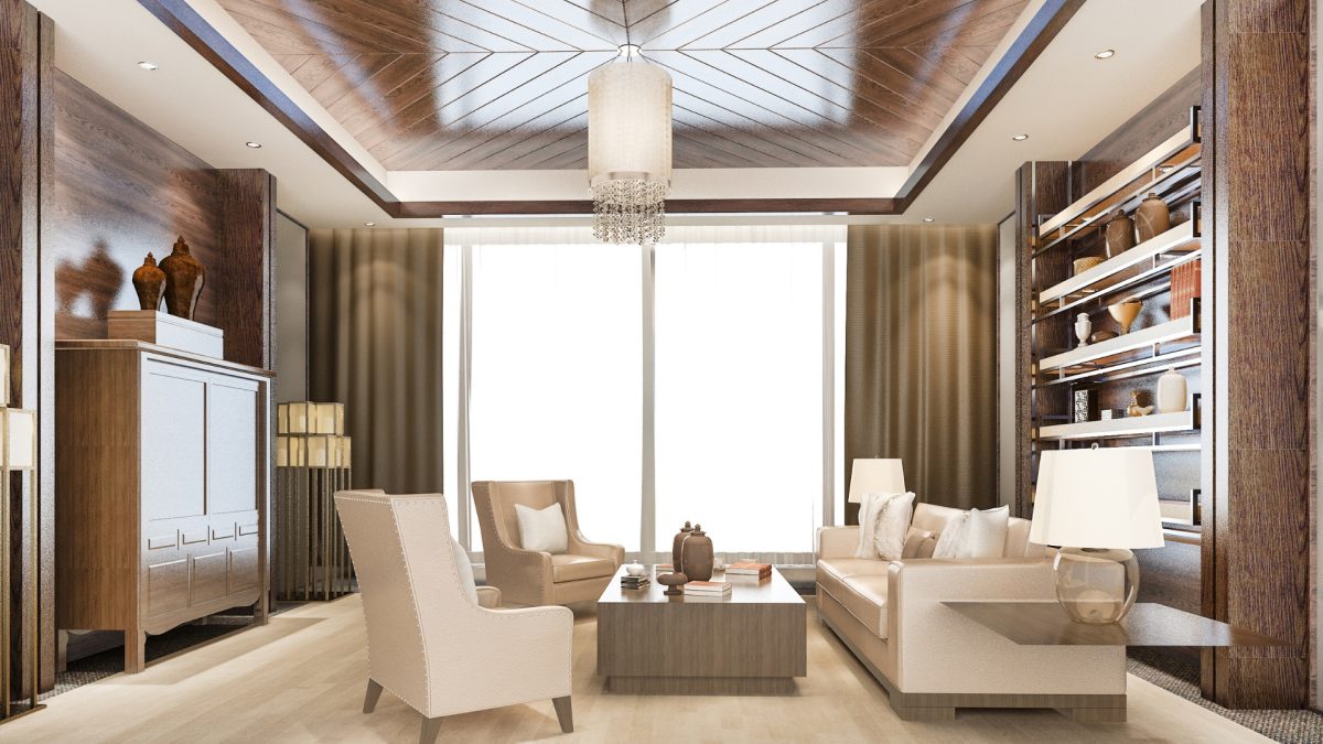 Modern coffered ceiling with recessed lighting in a living room