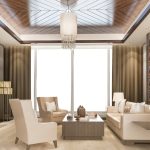 Modern coffered ceiling with recessed lighting in a living room