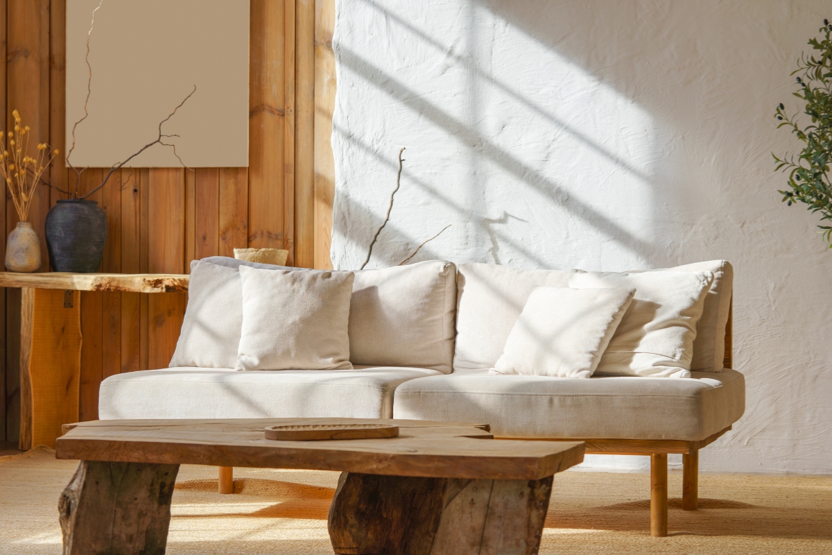 Modern living room with light wood furniture and slim airy sofa for spring refresh