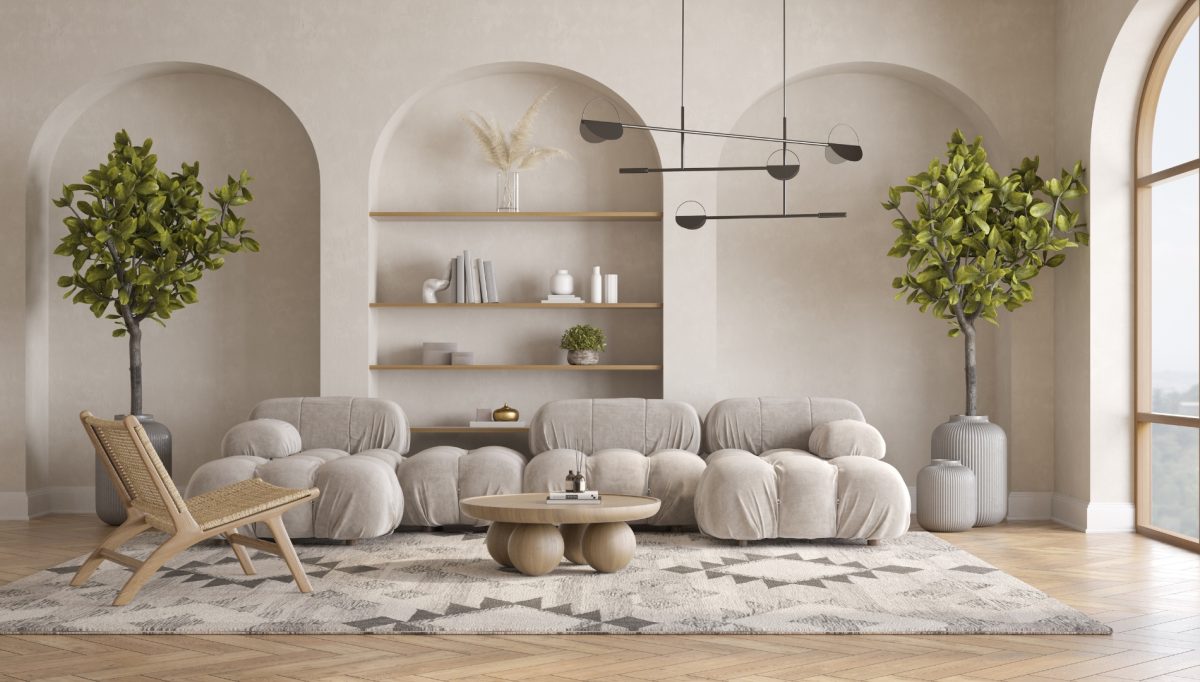 Statement sofa in a modern neutral living room